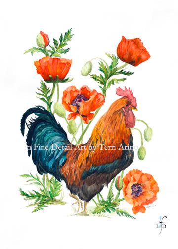 Poppy Tail Rooster Watercolor Original